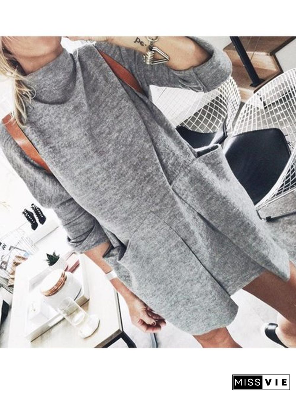 Plain Long Sleeve Turtleneck Knitting Dress