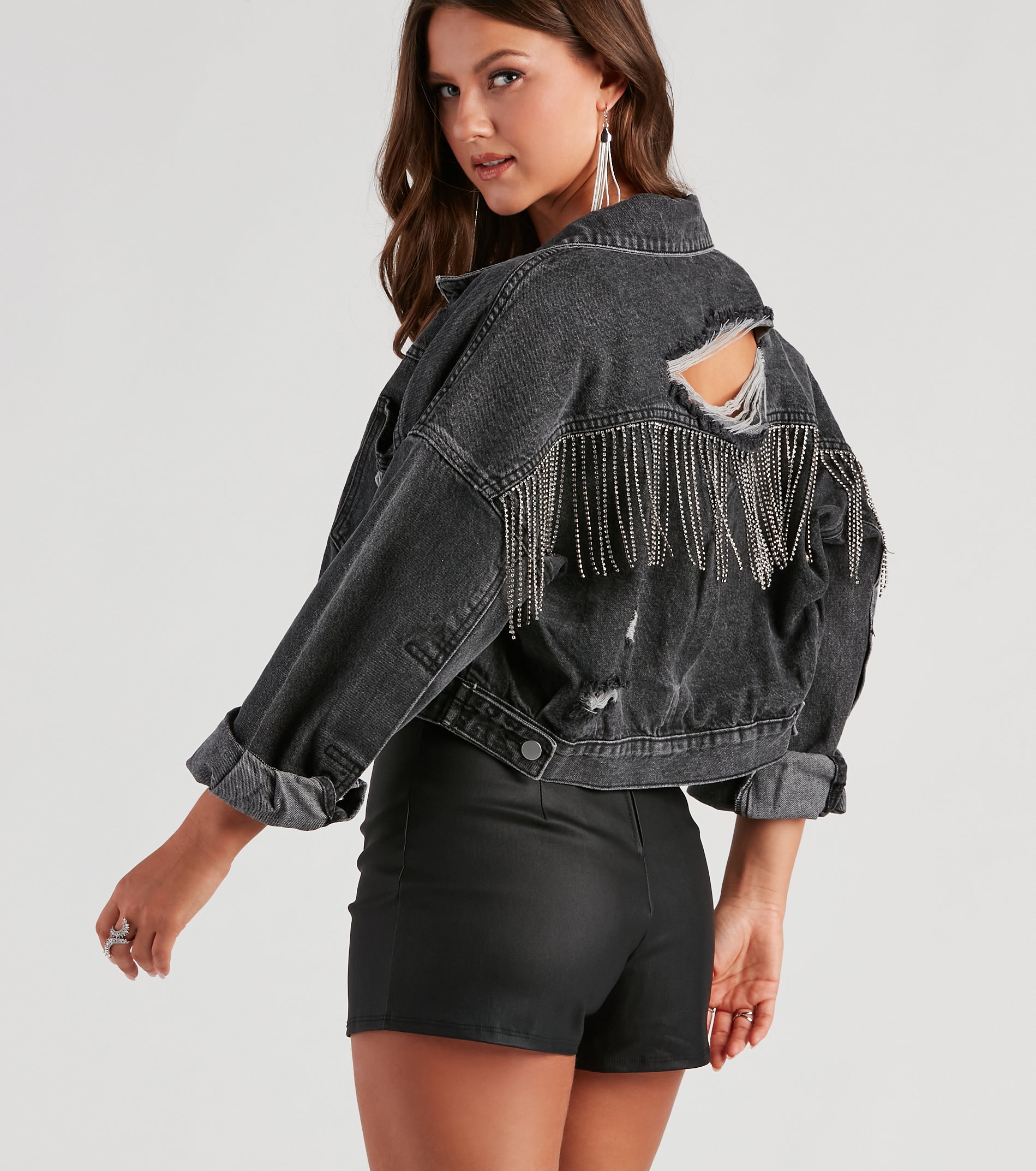 Rocker-Chic Rhinestone Fringe Denim Jacket