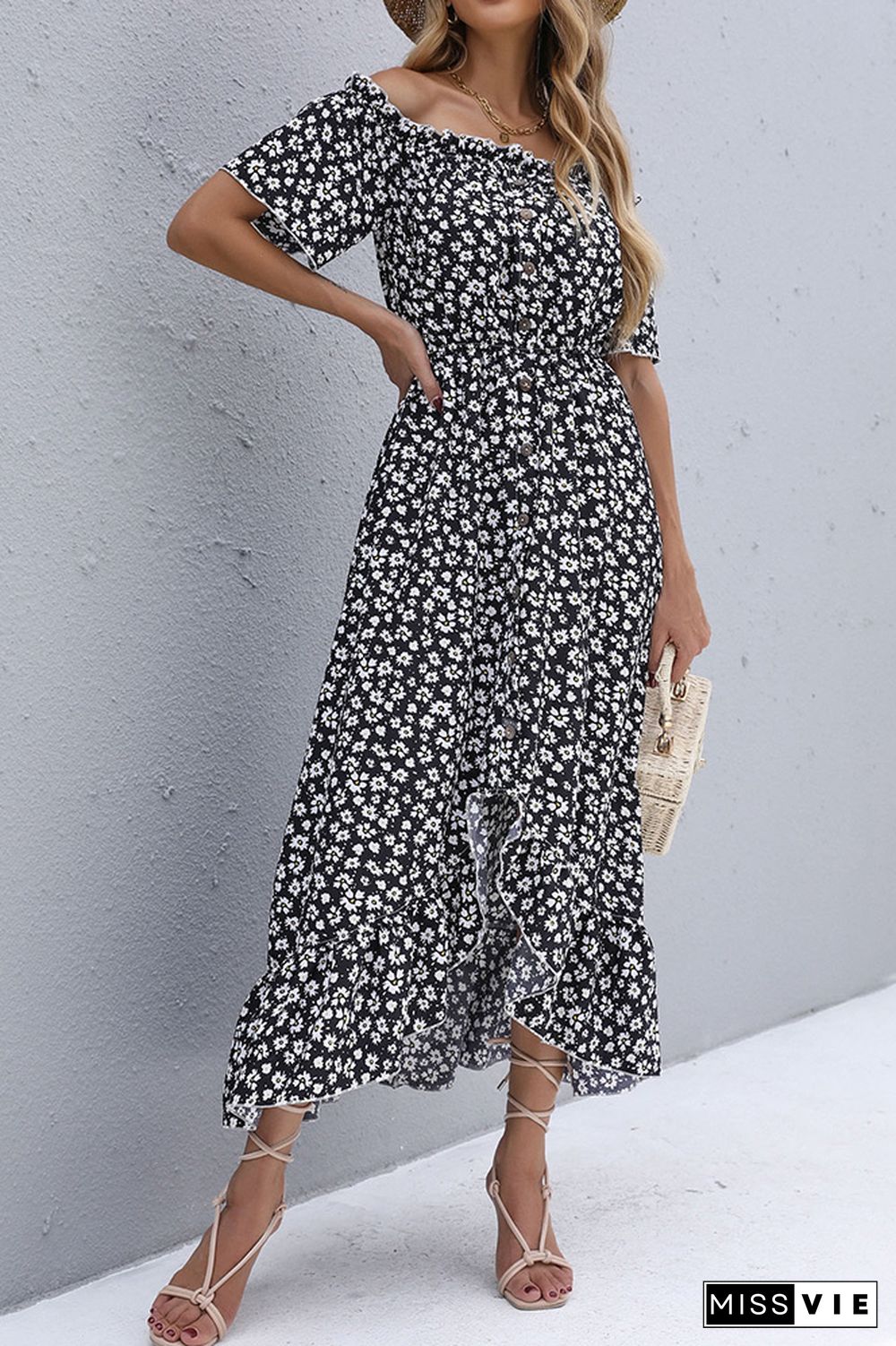 Off Shoulder Ruffled Floral Print Button Dress Wholesale