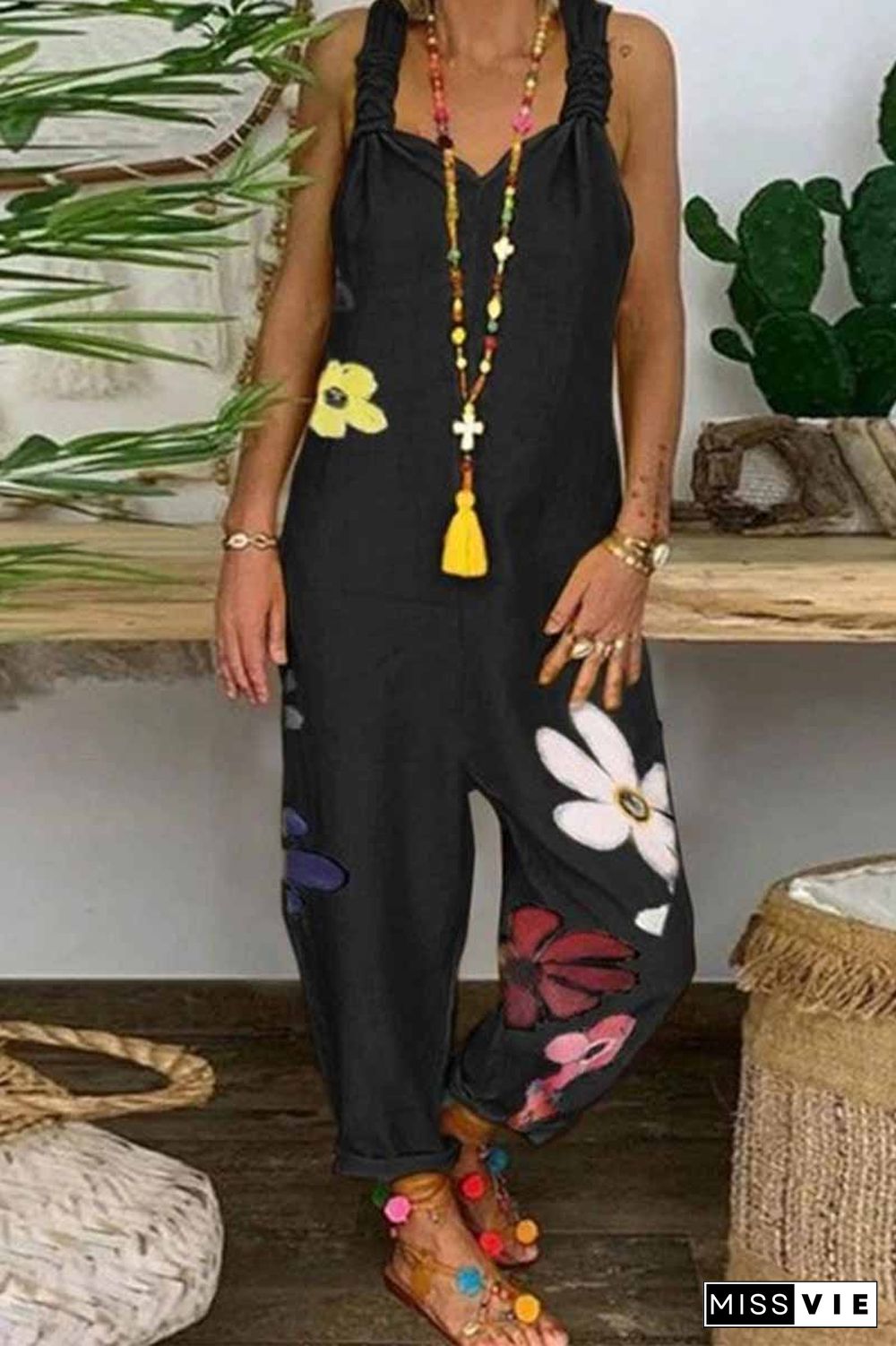 Black Print Sleeveless Jumpsuit