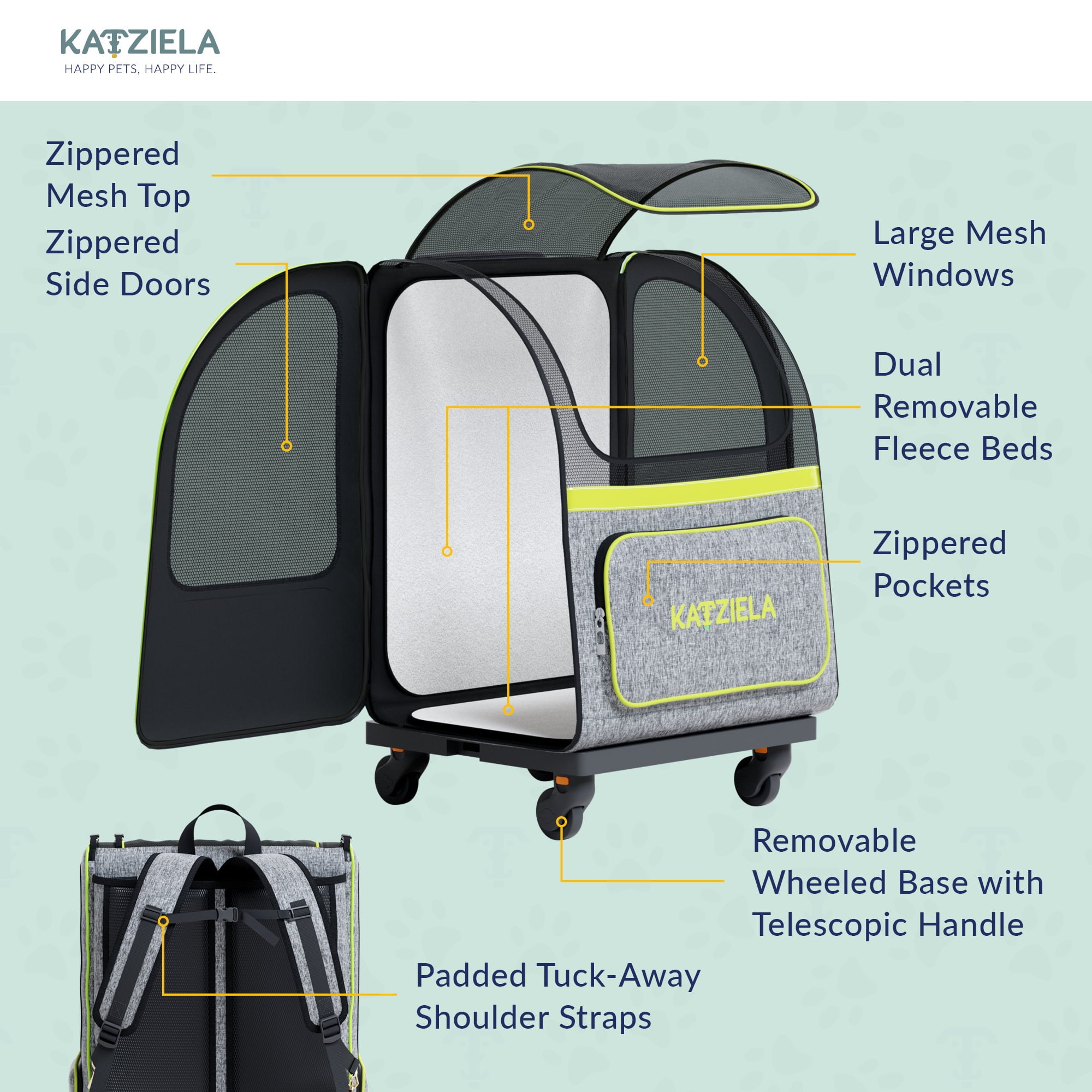 Katziela Wheeled Pet Carrier Backpack， Airline Approved， Gray and Green