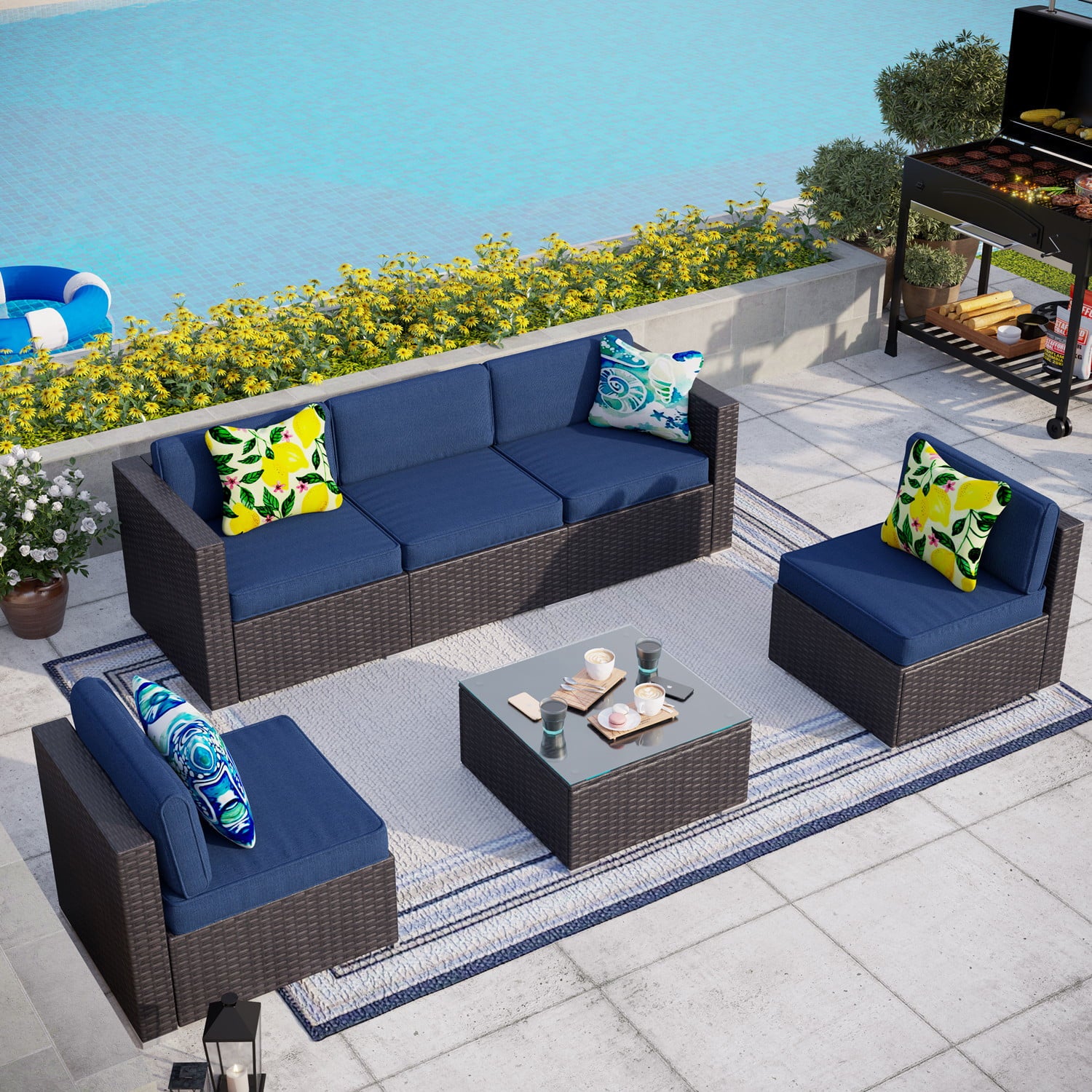 MF Studio 6 Pieces Patio Conversation Set Outdoor Furniture Sectional  Wicker Sofa Set with Navy Blue Cushions