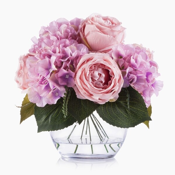 Enova Home Pink Artificial Silk Hydrangea and Peony Fake Flowers Arrangement in Clear White Vase with Faux Water for Home Decor