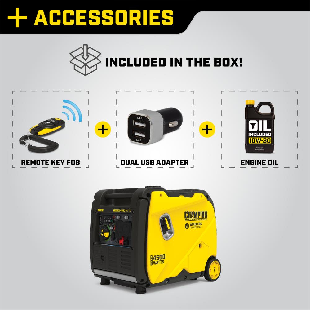 Champion 4500-Watt Wireless Remote Start Inverter Generator with Quiet Technology and CO Shield ;