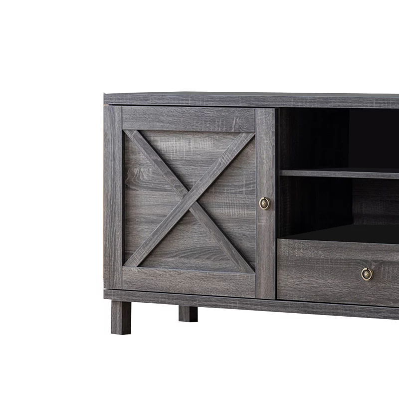 Transitional Wooden TV Stand with Two Side Door Cabinets and Spacious Storage， Gray