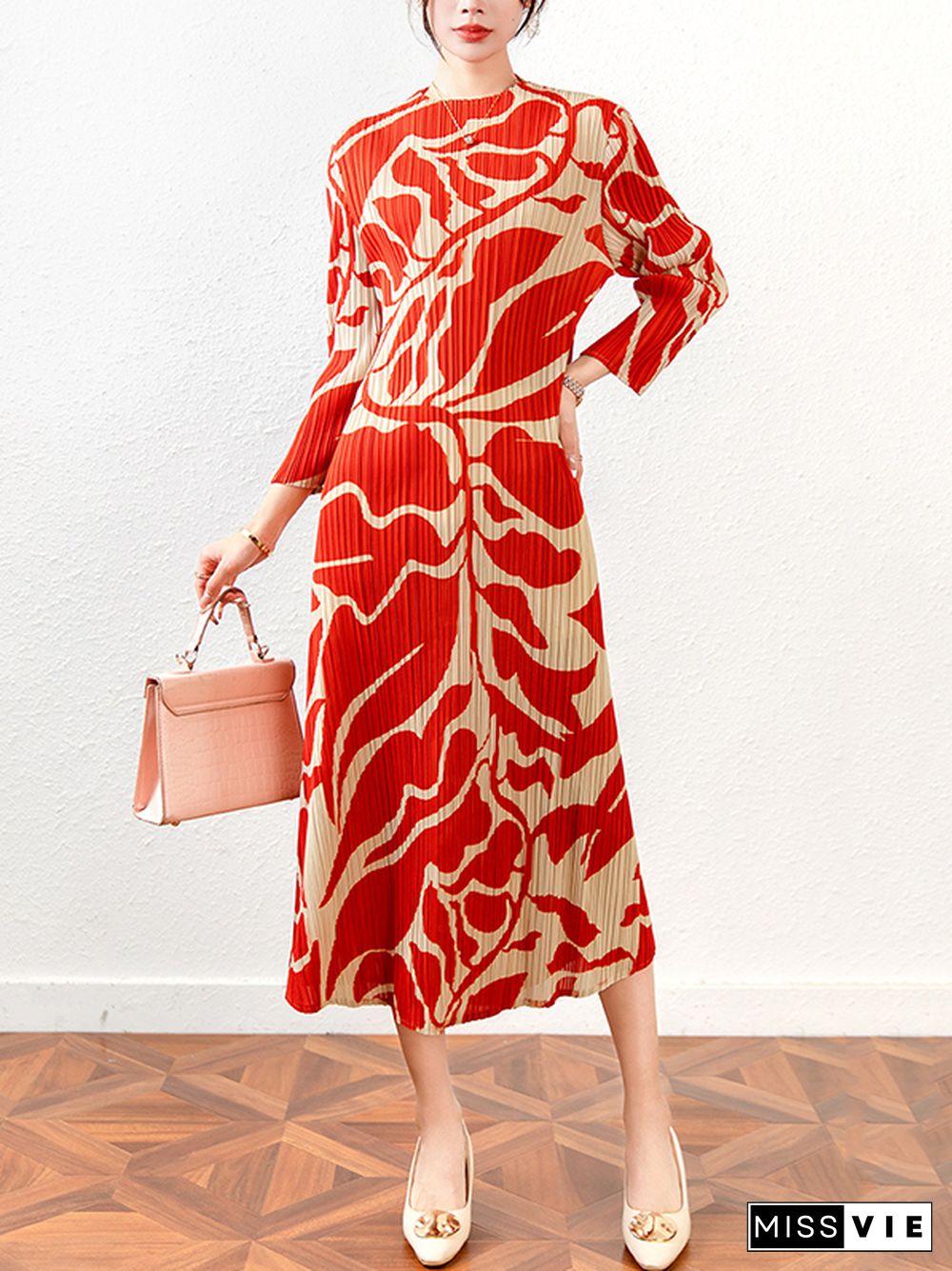 Fashion Floral Printed Pleated Long Sleeves Midi Dress