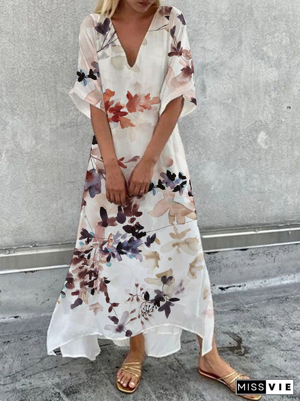 Floral Printed V-neck Casual Half-sleeve Long Dresses