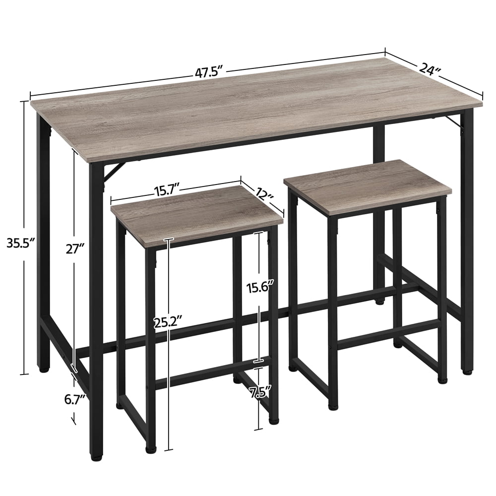 Easyfashion Dining/Bar/Kitchen Table Set with 2 Backless Stools, 35.4 in Height, Gray