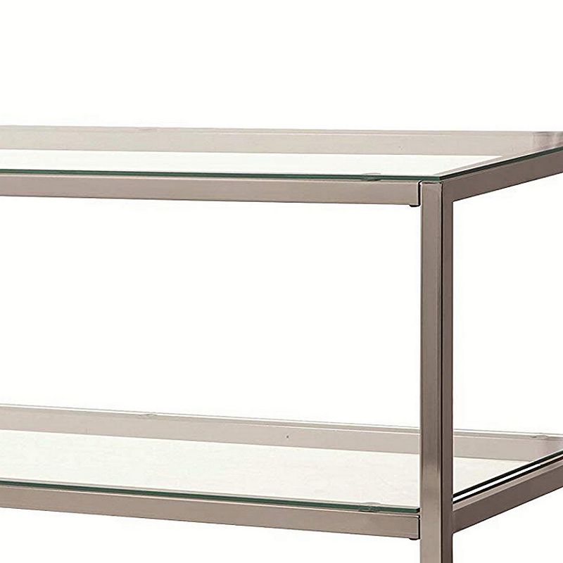 Glass and Metal Frame Sofa Table with 2 Open Shelves， Silver and Clear