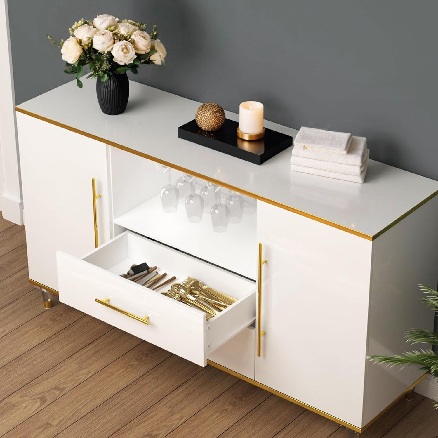 Buffet Cabinet High Glossy Kitchen Sideboard Cabinet with Drawers, Wine Glass Holder, Adjustable Shelf