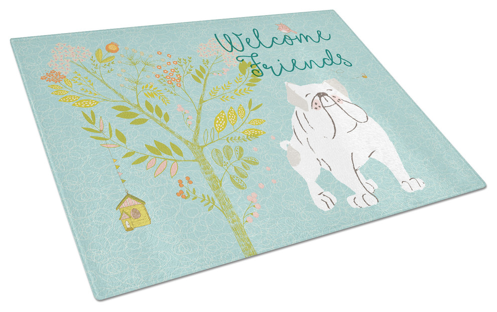 Welcome Friends English Bulldog White Glass Cutting Board  Large   Contemporary   Cutting Boards   by the store  Houzz