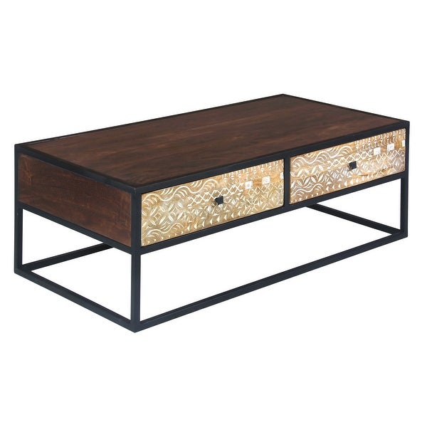 45 Inch Carson Rectangular Mango Wood Coffee Table with Metal Frame and 2 Drawers， Brown and Black