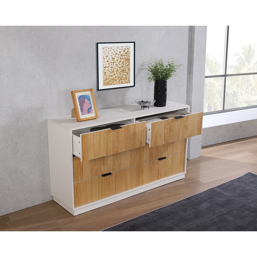 Easton Mid Century Modern 6 Drawer Dresser in White and Natural or Walnut Wood Finish