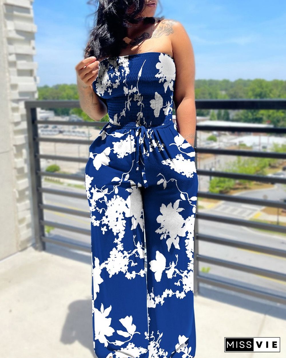 Floral Print Drawstring Waist Wide Leg Shirred Tube Jumpsuit