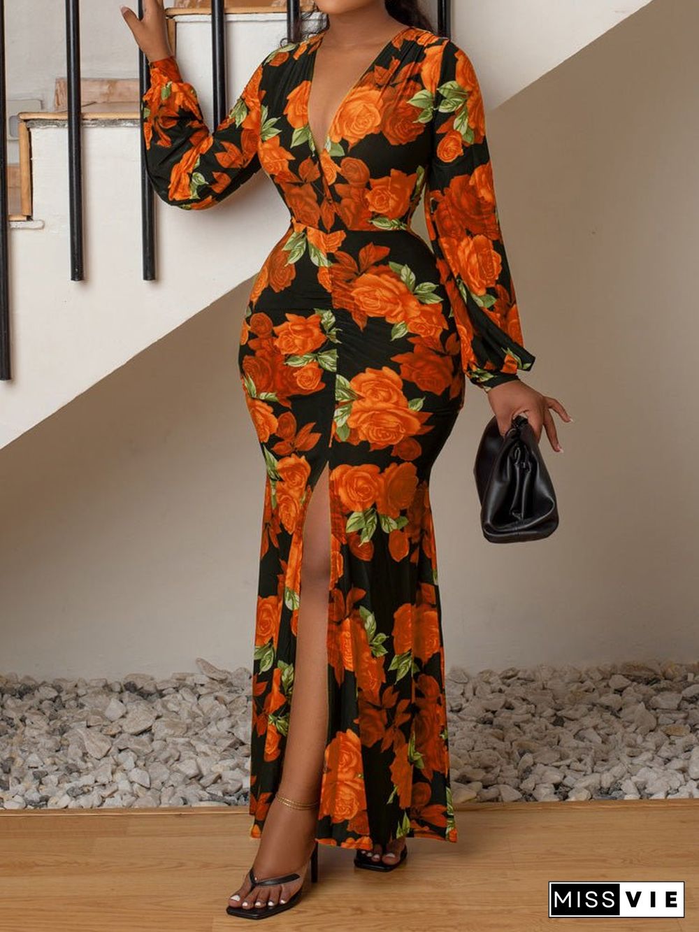 Women'S Dresses Printed V-Neck Long Sleeve Slit Dress