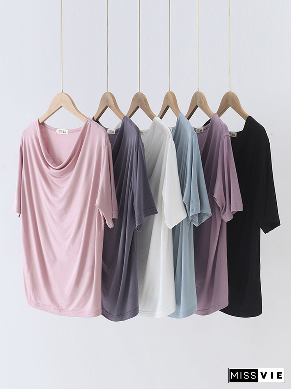 Short Sleeves Pleated Solid Color Heaps Collar T-Shirts Tops