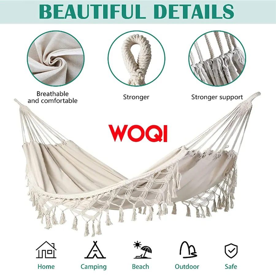 WOQI Outdoor White Camping Hammock Large Fringed Macrame Double Hammock Swing Bed with Carry Bag