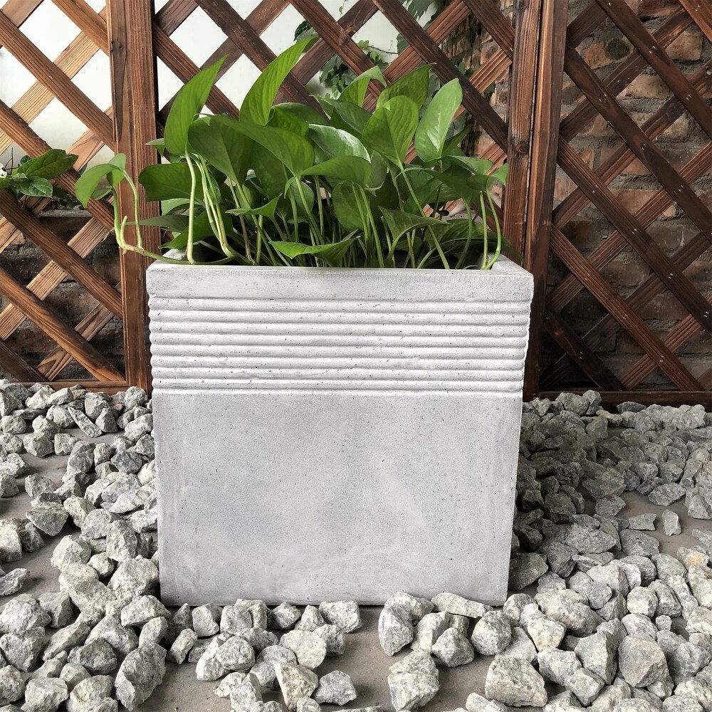 Durx litecrete Lightweight Concrete Square Stripped Light Grey Planter Large   17.7'x17.7'x17.7'