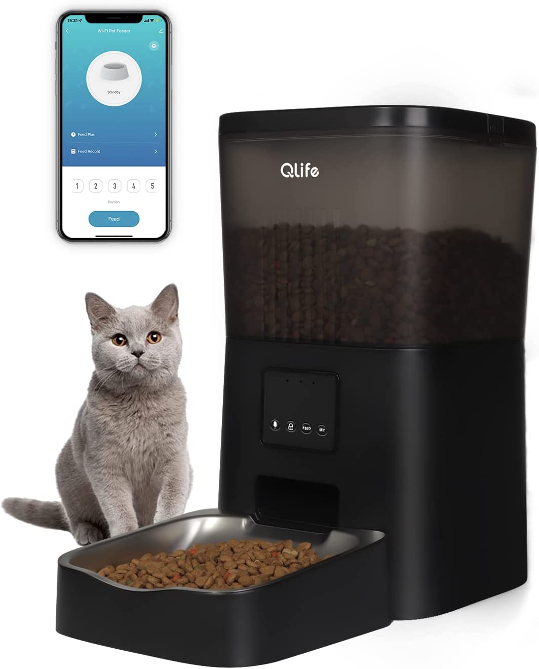 Automatic Cat Feeder WiFi App Control:  4L Timed Dry Food Dispenser for Small Medium Dog Smart Auto Pet Feeder Remote Control Portion Control Dual Power 10s Voice Recorder - Stainless Steel Bowl