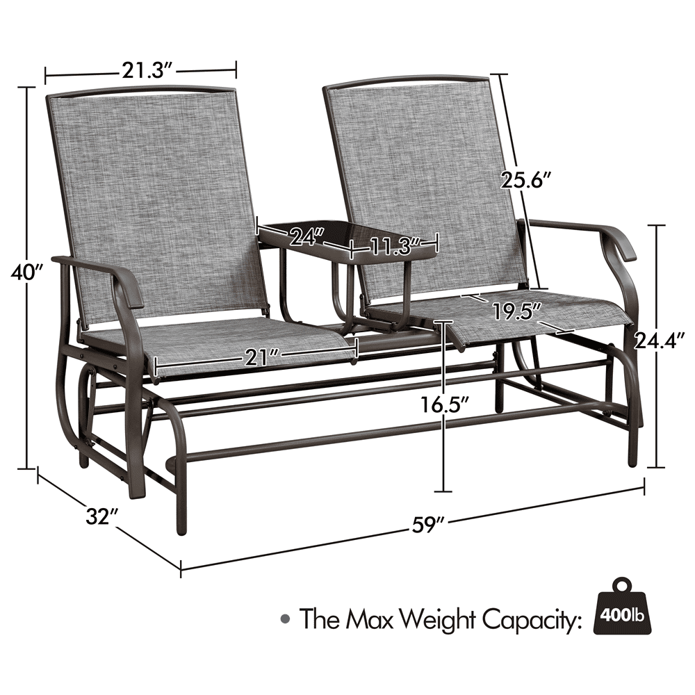 Topeakmart 2-Seater Outdoor Glider Bench with Tempered Glass Tabletop Texteline Fabric and Steel Construction, Gray