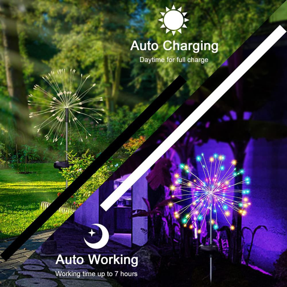 4 Pack Solar Firework Lights，  Landscape Path Lights Outdoor 120 Led Inserted Walkway Ground Garden Induction Lamp， Colorful