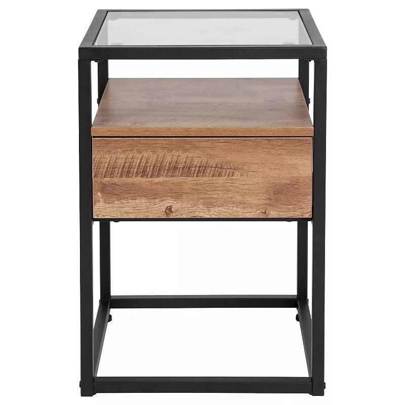 Merrick Lane Glass End Table with Drawer and Shelf in Rustic Wood Grain Finish