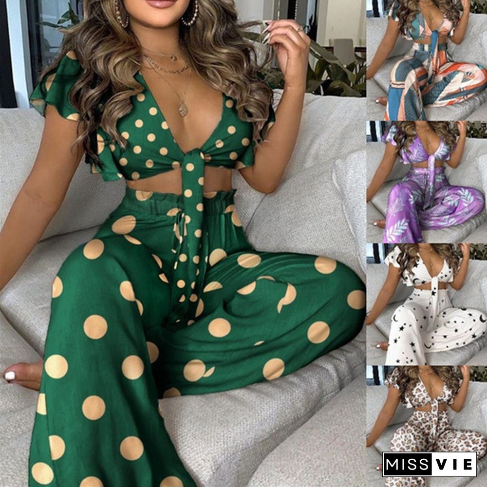 New Summer Women Fashion Casual 2 Piece Set Front Sleeveless Print Crop Top & High Waist Wide Leg Pants Suit Two Piece Set Outfit Plus Size Vestidos