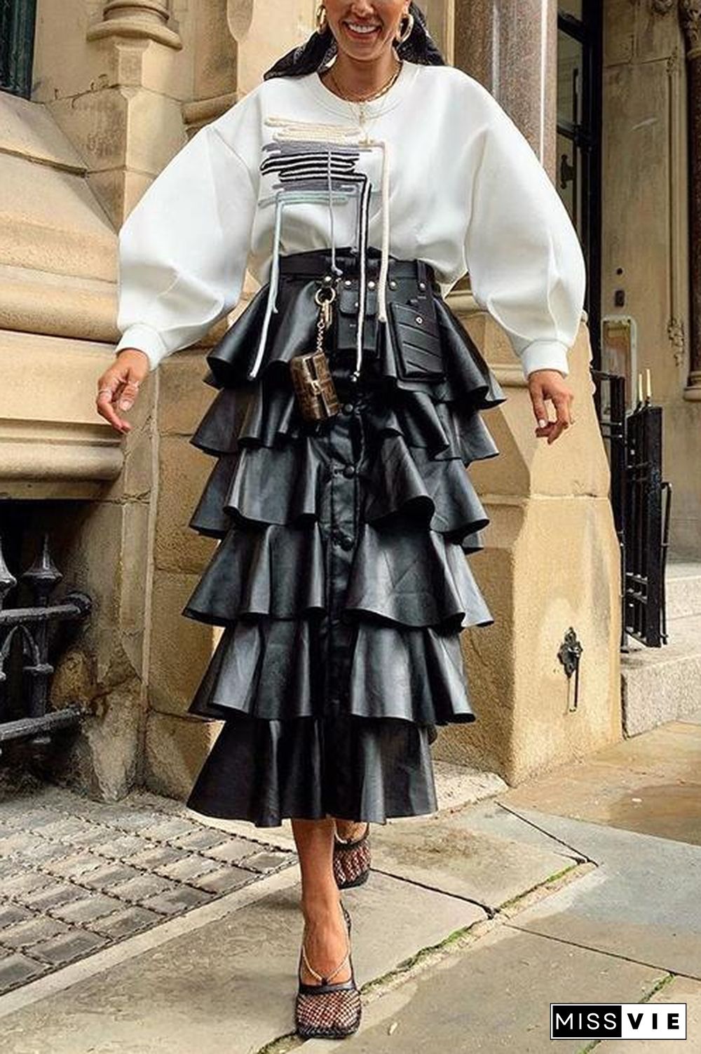 Button Up Ruffled Pu Tiered Skirt