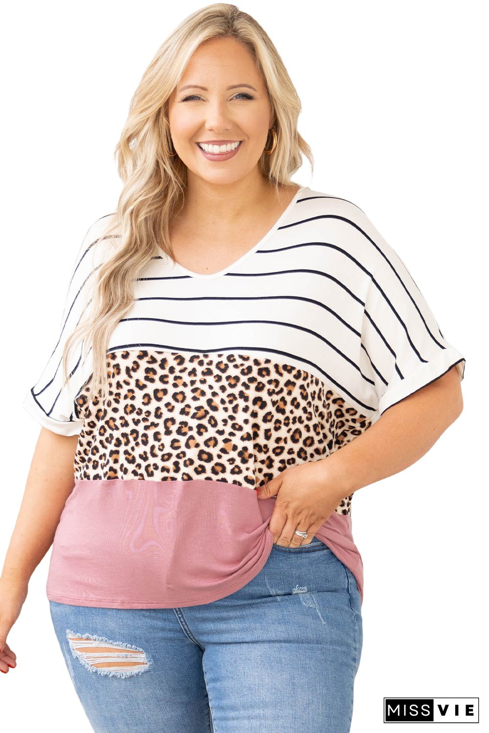 Striped Leopard Color Block Plus Size T-Shirt