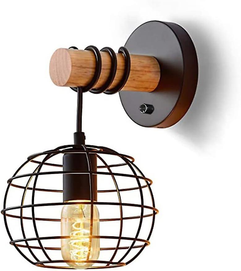 Led Wall Sconce Round Interior Industrial Metal And Wood Vintage Wall Lighting Cage Light For Bedroom Kitchen Dining Room (b)