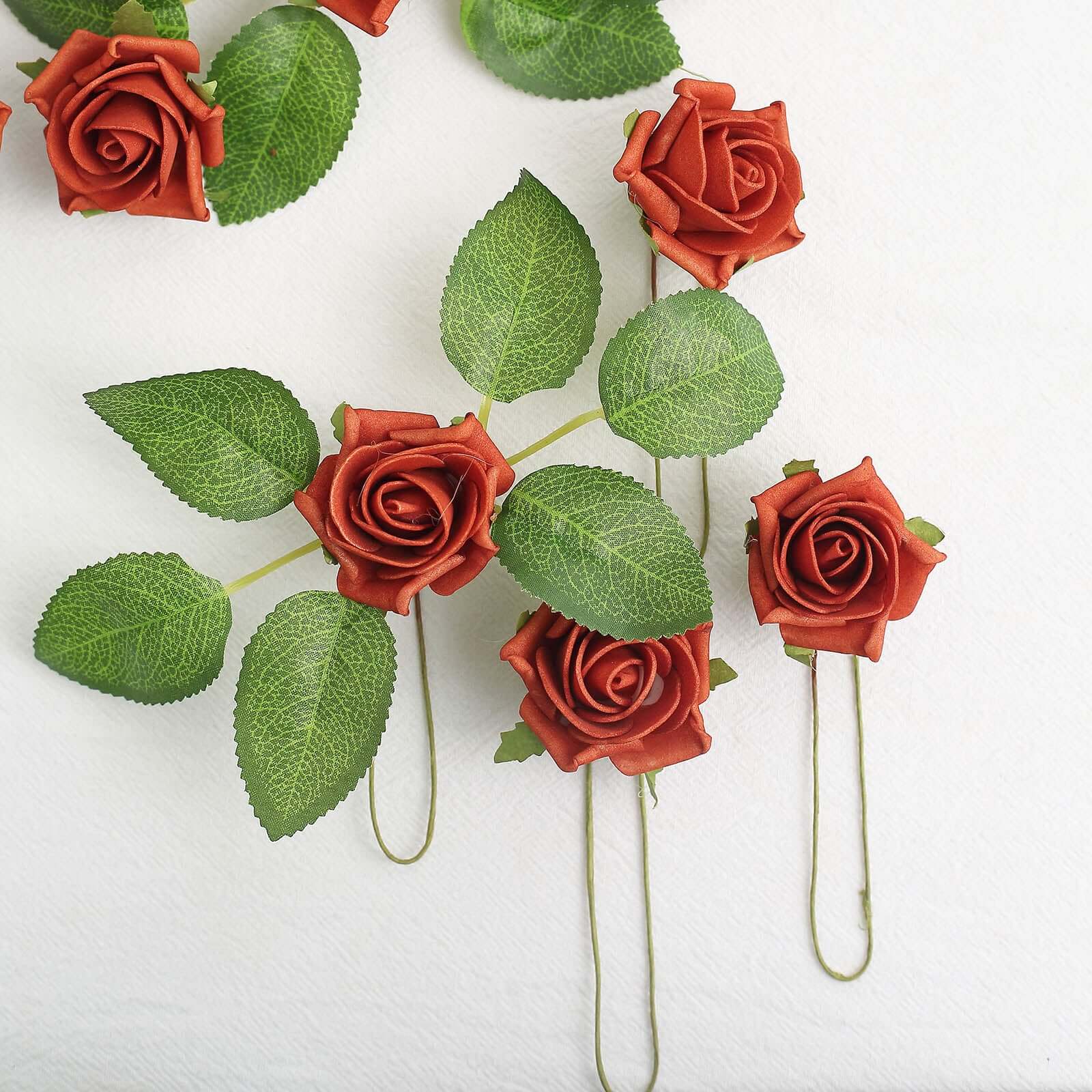 24 Roses Terracotta (Rust) Artificial Foam Flowers With Stem Wire and Leaves 2