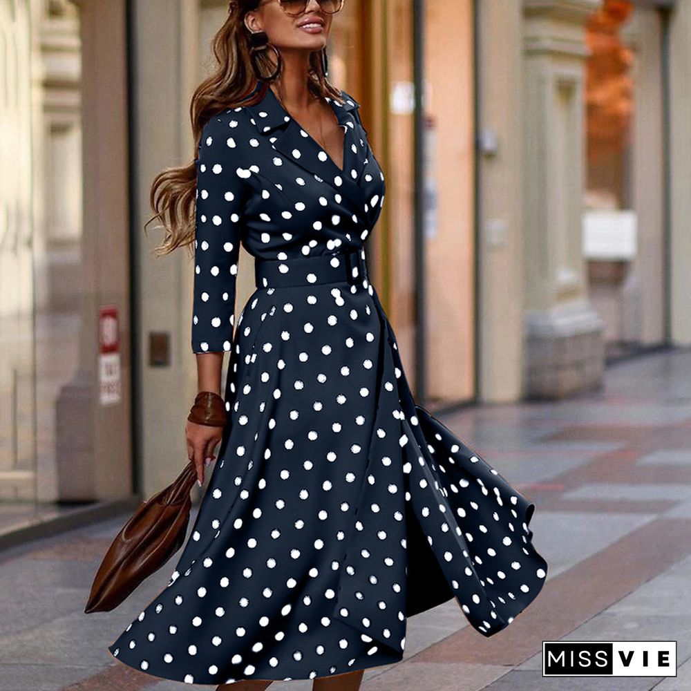 Fashion Polka Dot Printed V-neck Slim Long Skirt