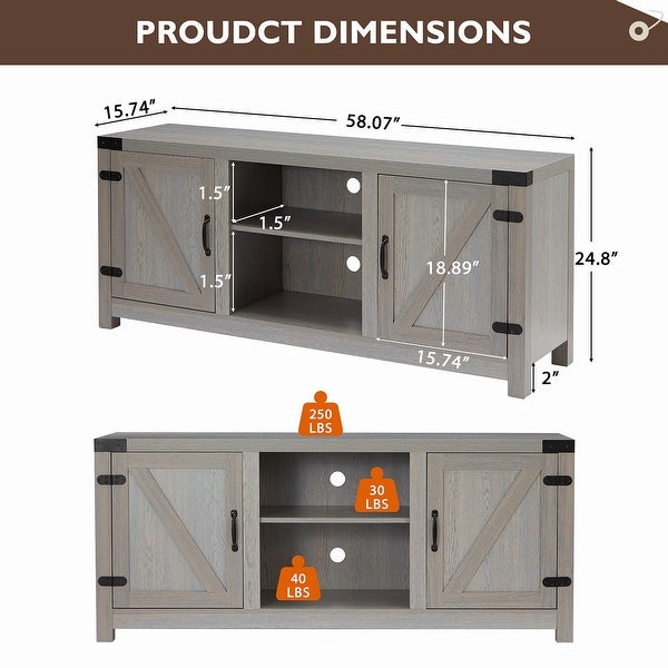 Storage Barn Door TV Stand， Wood Console Table Cabinet 3-Level Adjustable Shelf for TVs up to 65 Inches