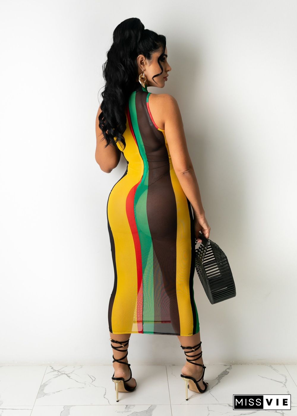 Sexy Mesh Print Color Striped Sleeveless Bodycon Midi Dress