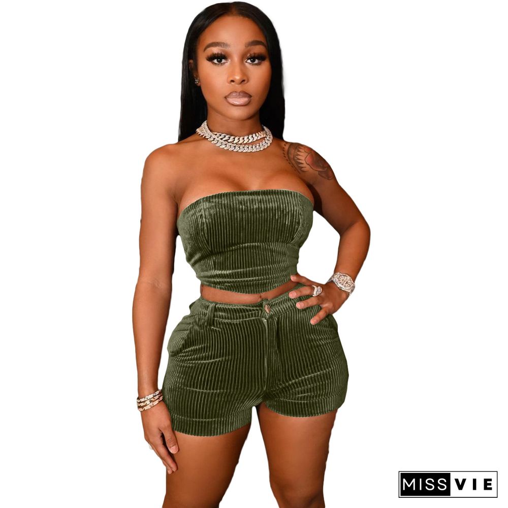 Women Fitness Solid Corduroy Off The Shoulder Strapless Crop Top Skinny Shorts Two Piece Matching Sets