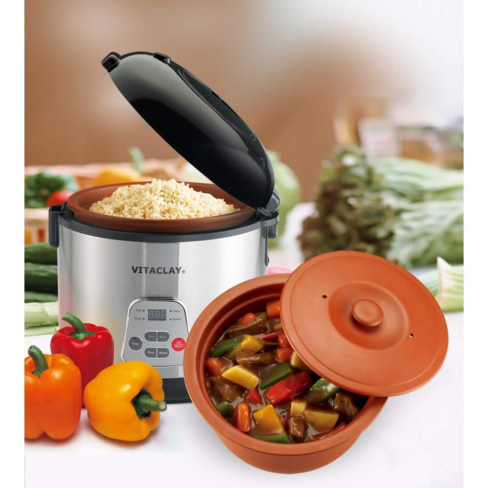 VITACLAY 8 Cup/4 qt. 2-in-1 Stainless Steel Rice N' Slow Cooker in Clay Pot VF7700-8