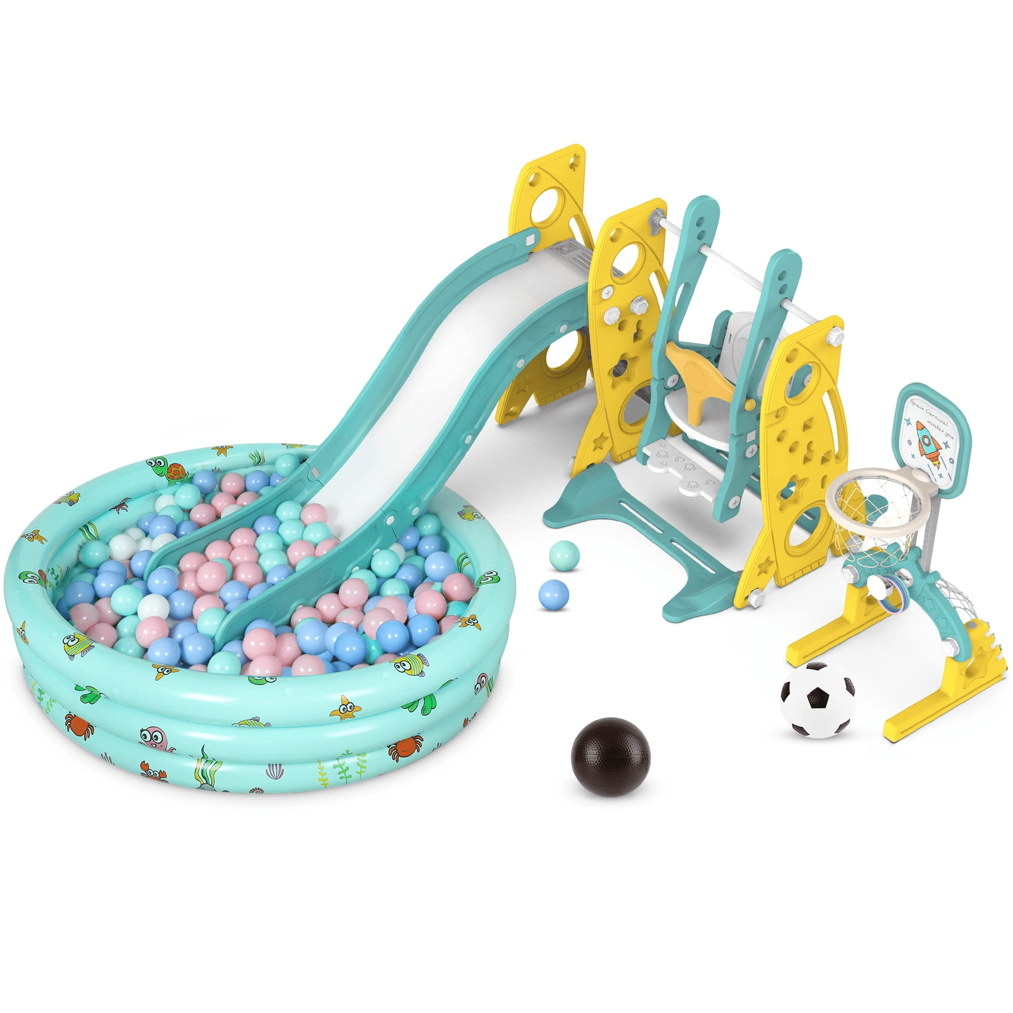 GIKPAL 6 in 1 Toddler Slide and Swing Set， Climber Slide Playset with Basketball Hoop Long Slide and Ball Pool for Kids Indoor Outdoor