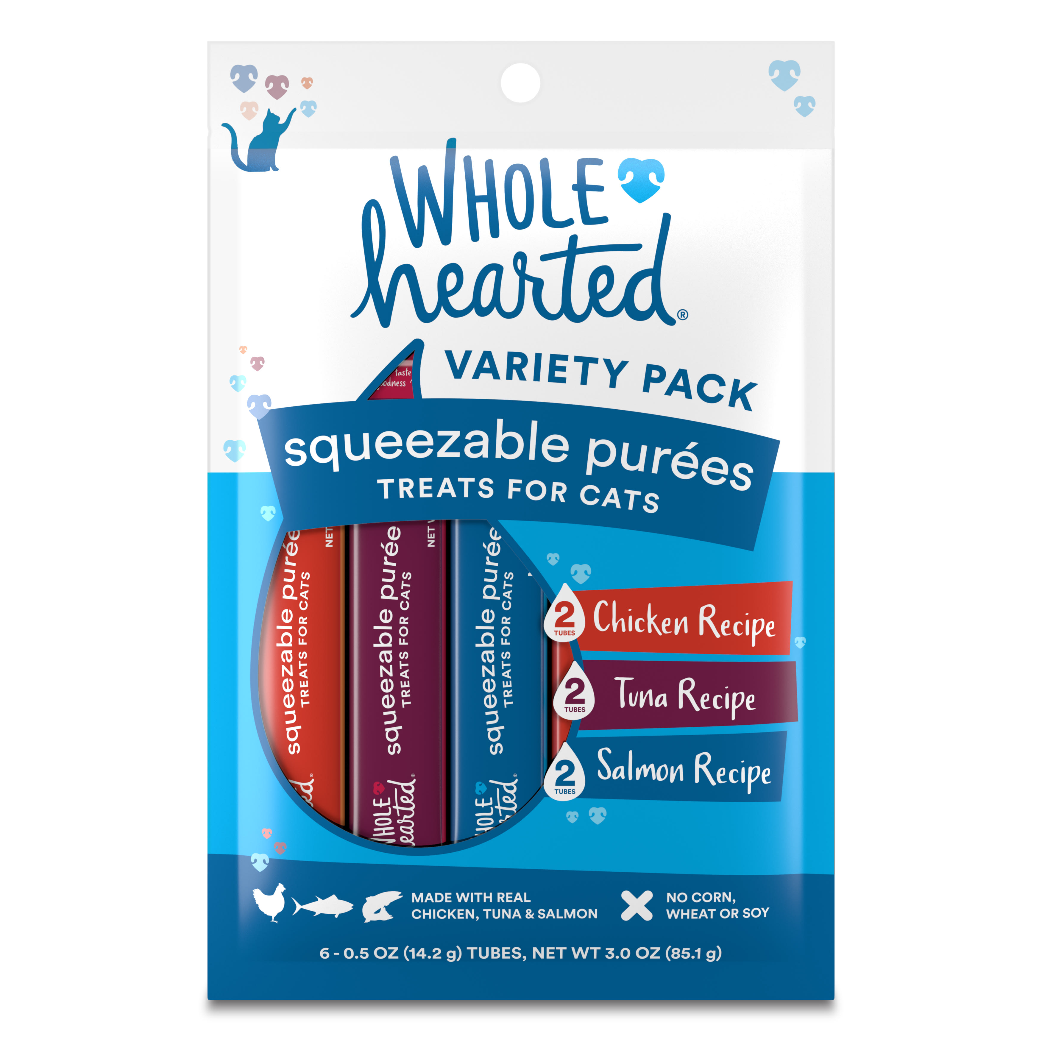 Whole Hearted Squeezable Puree Cat Treat Variety Pack， 0.5 oz.， Count of 6