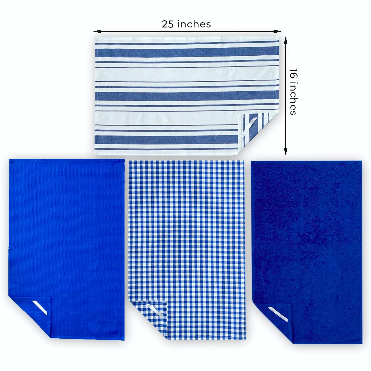 Cotton Kitchen Towels with Hanging Loop， Waffle Flat Terry Hand Towels Set of 4， Absorbent and Fast Dry Dishtowels 25x16 Stripe Plaid Multicolor Blue White Mixed Pack