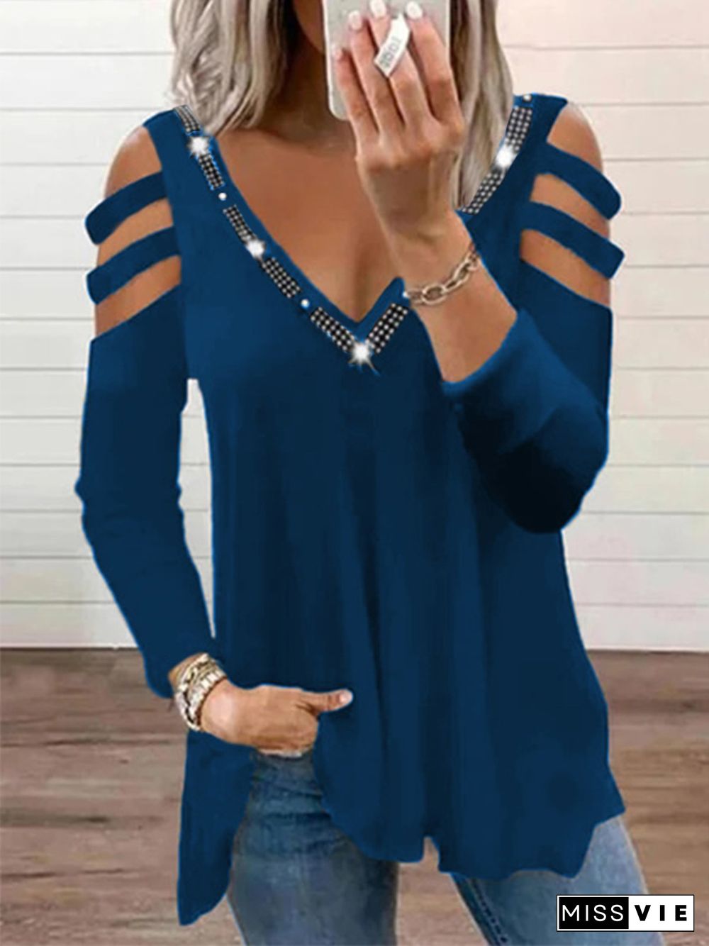 Vintage Solid Eyelet Hotfix V Neck Long Sleeves Plus Size Casual Tops