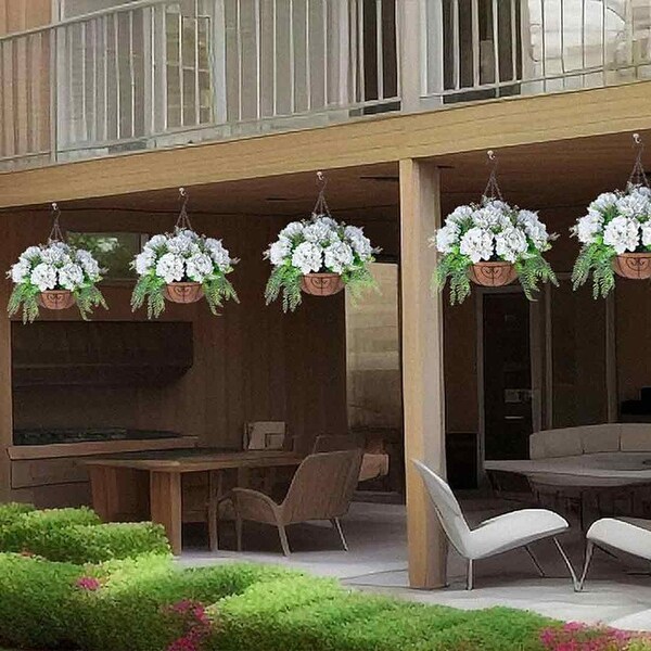 Artificial Flowers in Hanging Basket Planter for Home Spring Summer Decoration，Silk Hydrangea Outdoor Indoor Arrangements