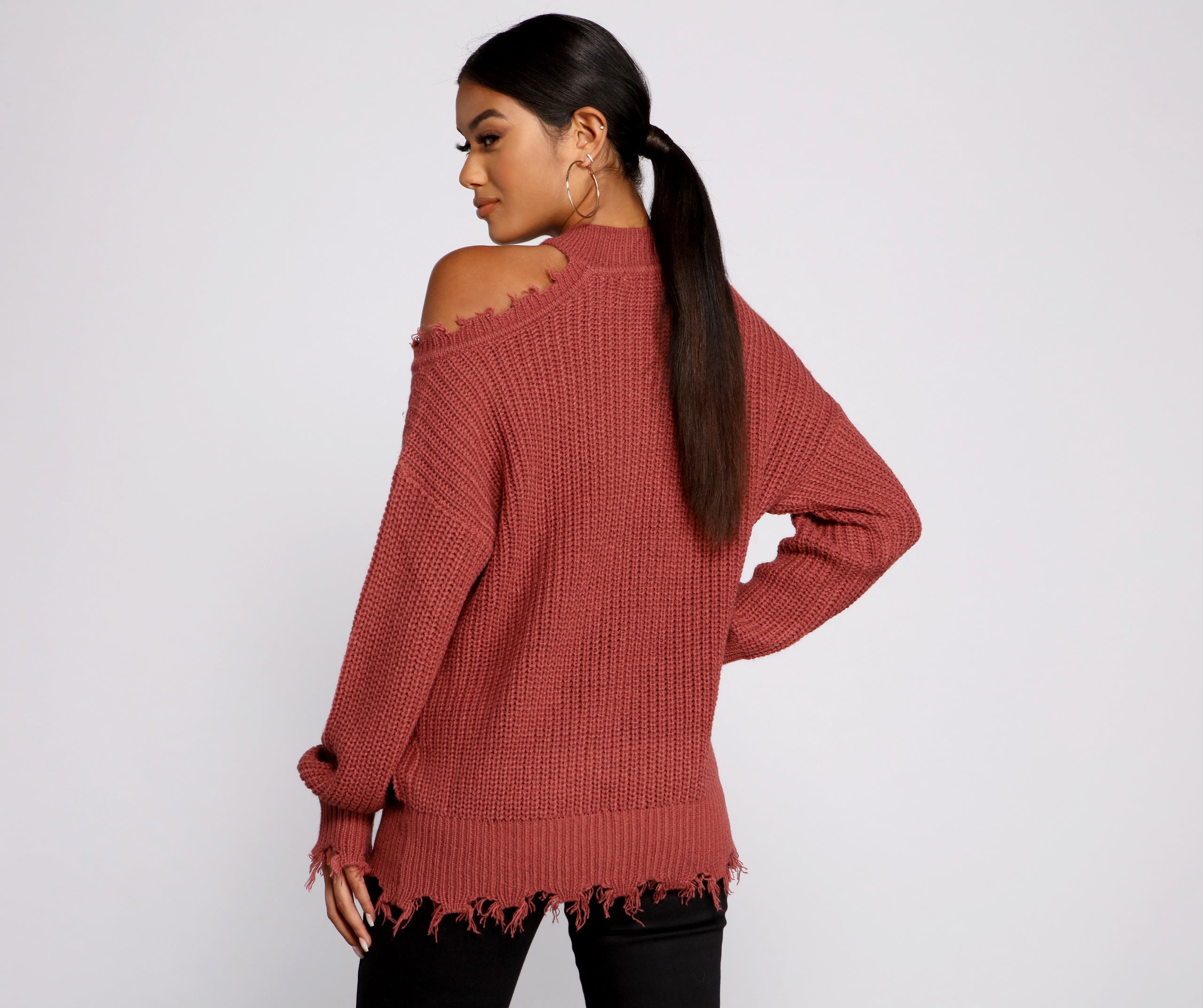 Distressed Cold Shoulder Crew Neck Sweater