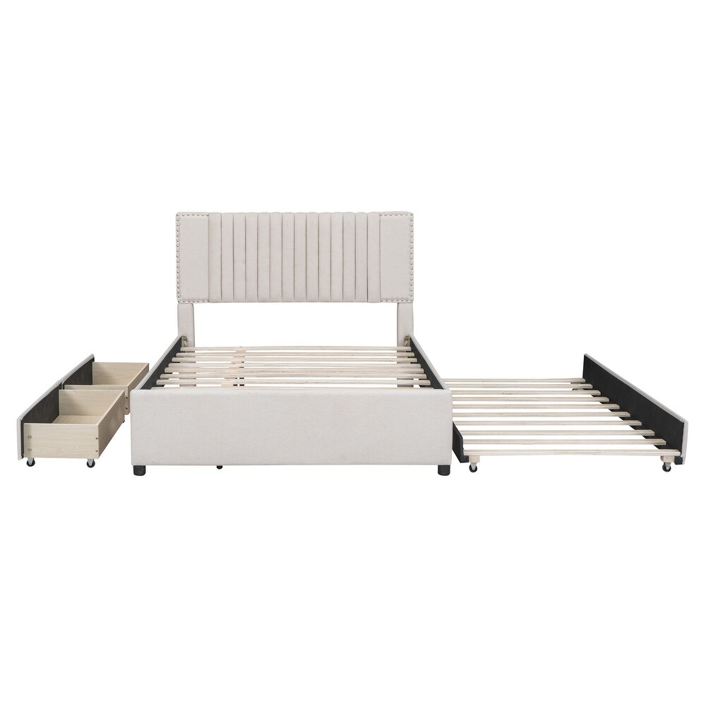 Platform Bed Wood Platform Bed Frame with Twin XL Trundle  Upholstered Bed with Headboard   2 Drawers for Apartment