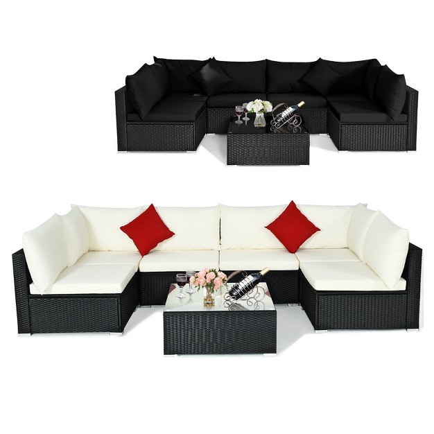 Costway 7pcs Patio Rattan Furniture Set Sectional Sofas Off White amp Black Cushion Covers