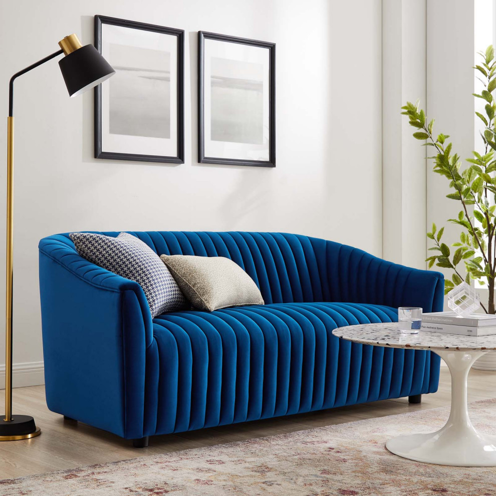 Announce Performance Velvet Channel Tufted Loveseat  Navy   Contemporary   Loveseats   by GwG Outlet  Houzz