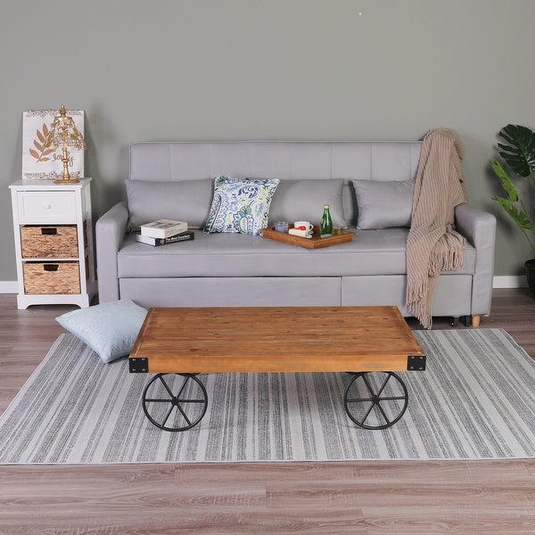 Sophia and William Rustic Coffee Table with Metal Wheels