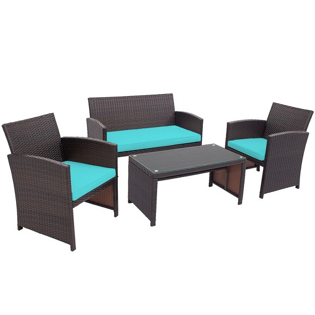 Tangkula 4pcs Outdoor Patio Furniture Sets Weather resistant Rattan Sofas W Soft Cushion Turquoise