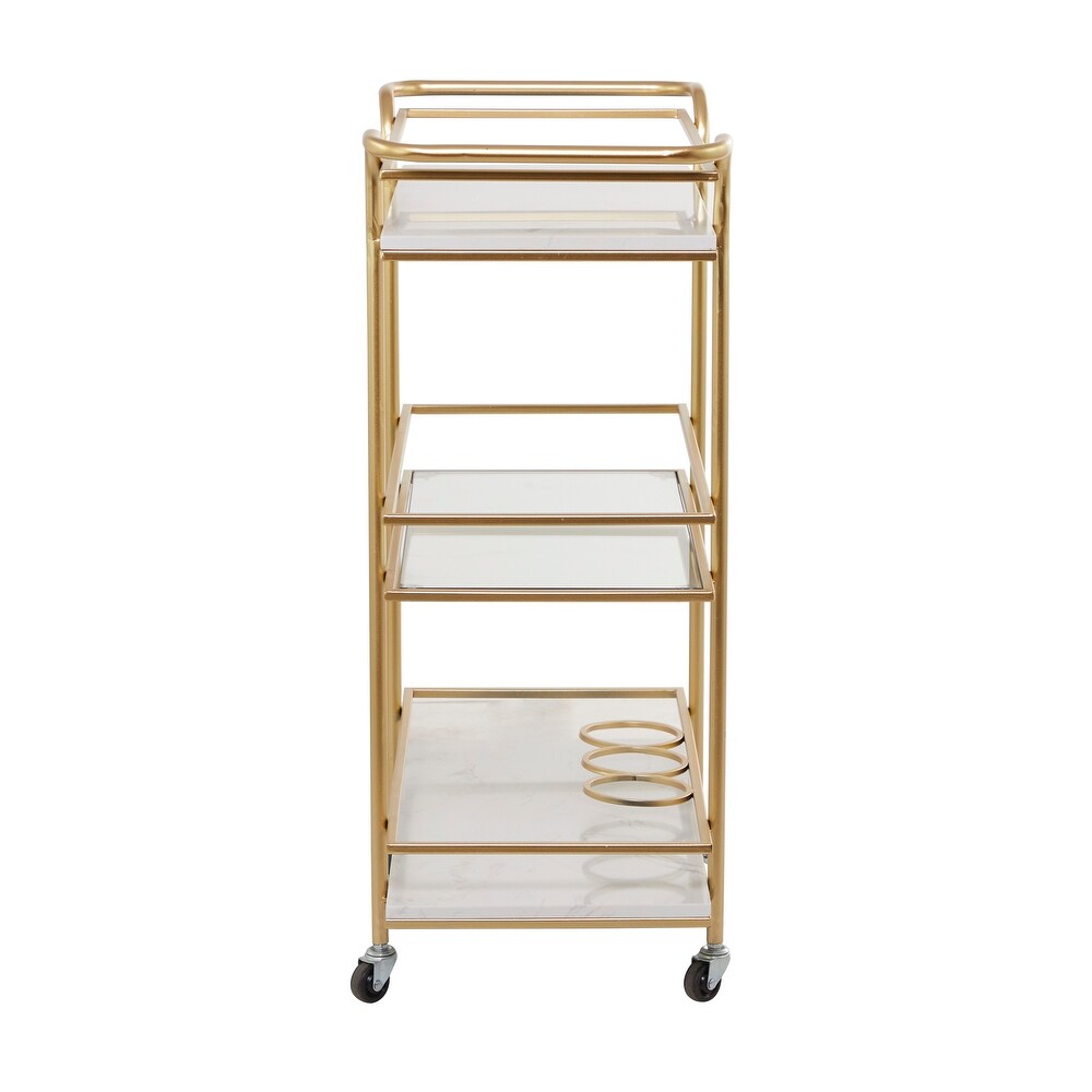 Gold Marble Rolling 1 Glass and 2 Marble Shelves Bar Cart with Handles   13.2 x 26.5 x 32.5