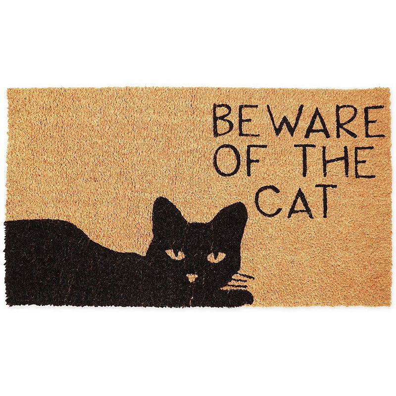 Beware of The Cat Welcome Mat for Front Door， Natural Coir Doormat (30 x 17 in)