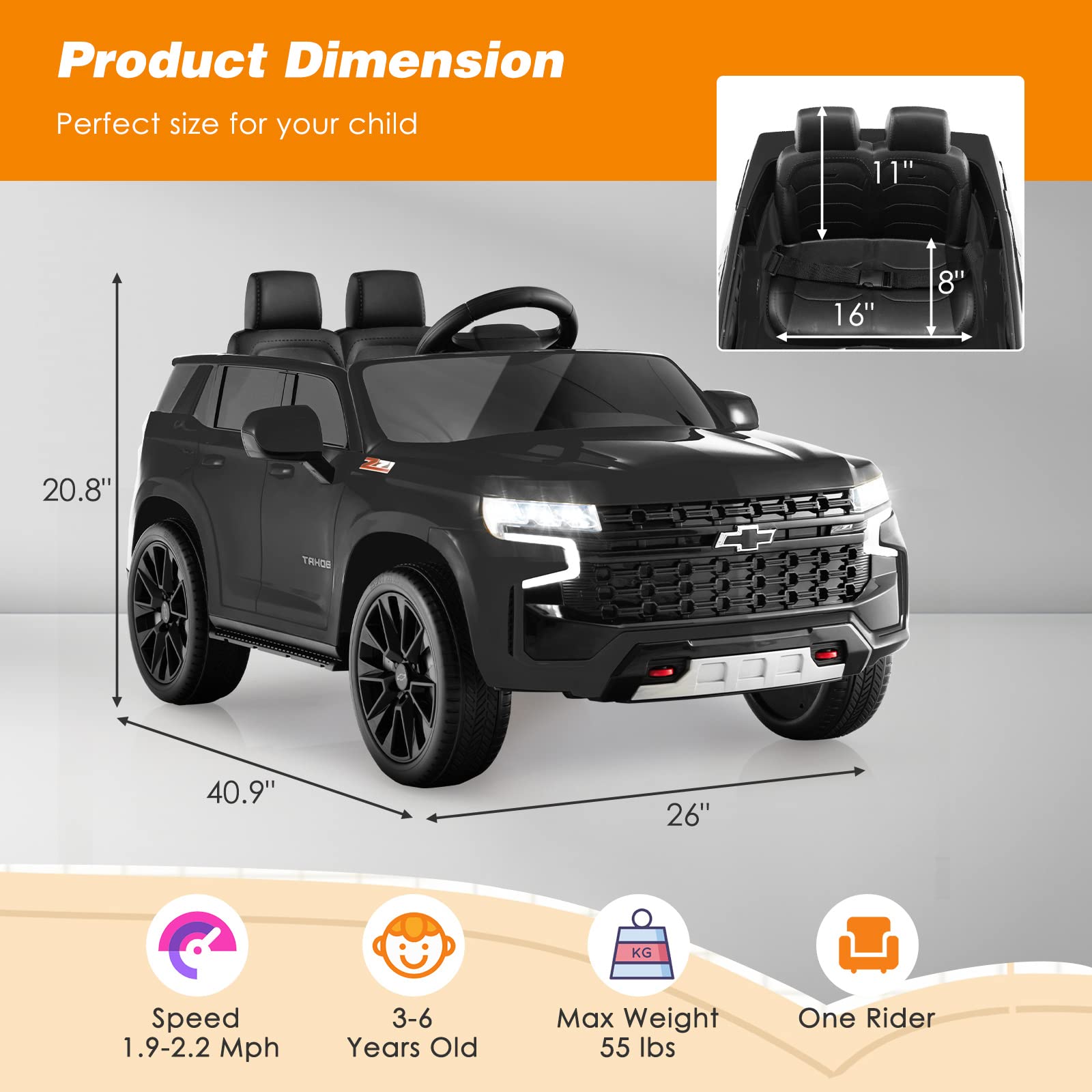 Costzon Ride on Car, 12V Licensed Chevrolet Tahoe Battery Powered Electric Vehicle, Electric SUV for Kids